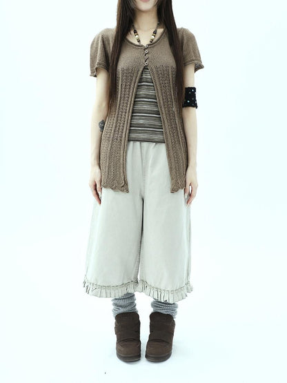 ang project Vintage Pleated Ruffle Hem High Waist Wide Leg Women&