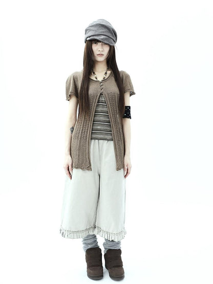 ang project Vintage Pleated Ruffle Hem High Waist Wide Leg Women&
