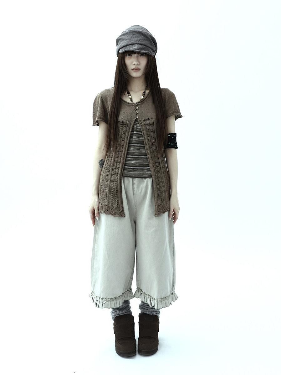 ang project Vintage Pleated Ruffle Hem High Waist Wide Leg Women&