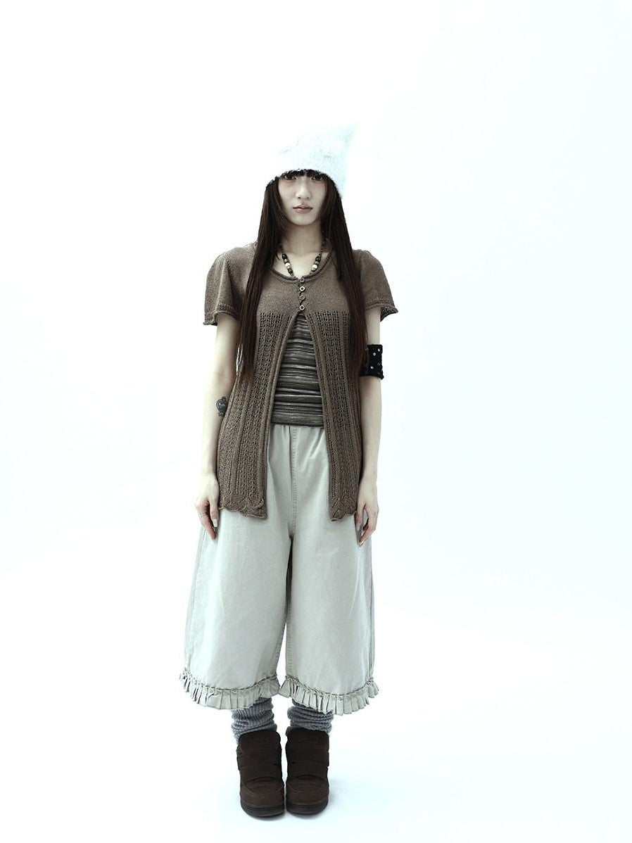ang project Vintage Pleated Ruffle Hem High Waist Wide Leg Women&