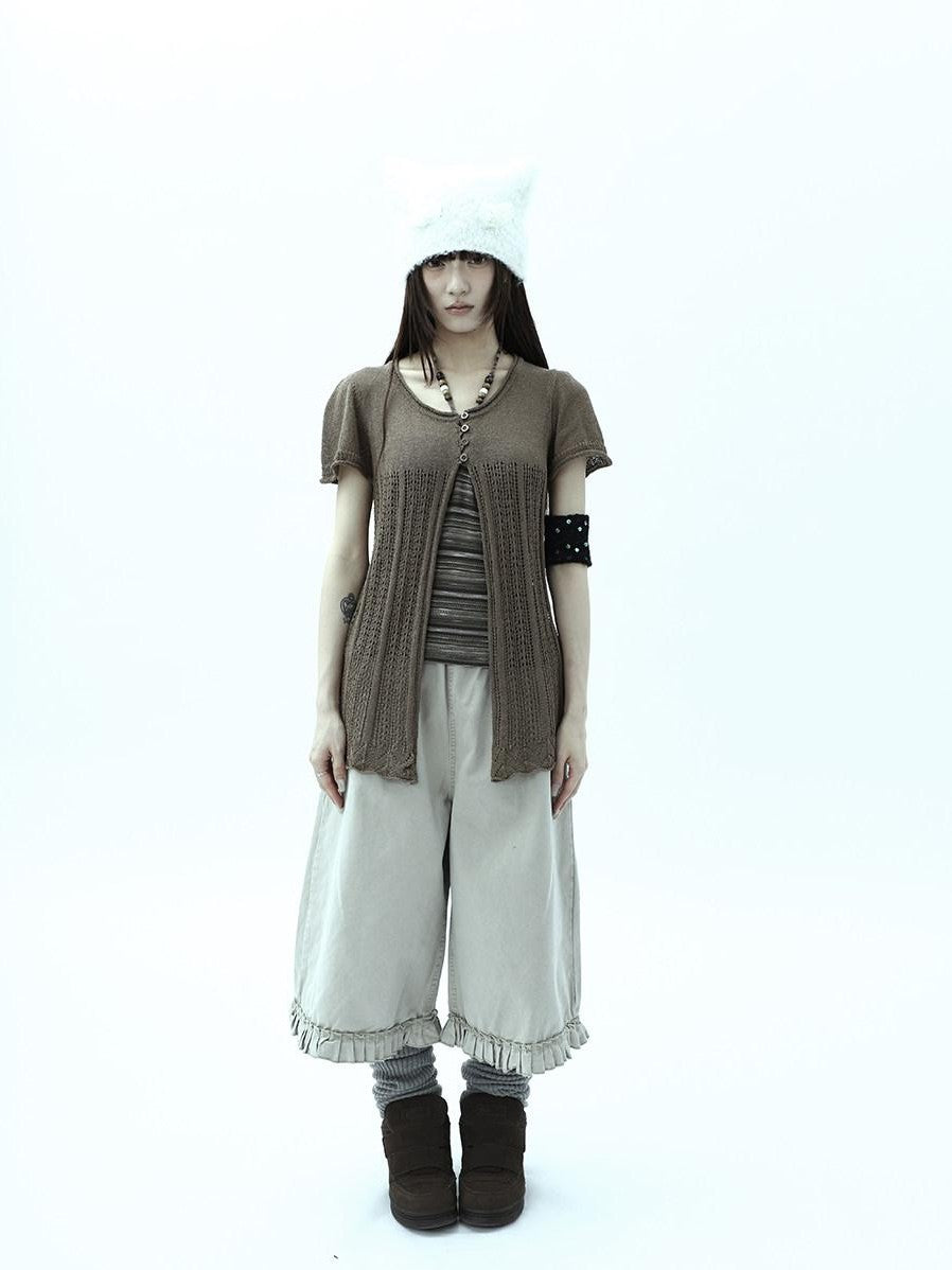ang project Vintage Pleated Ruffle Hem High Waist Wide Leg Women&
