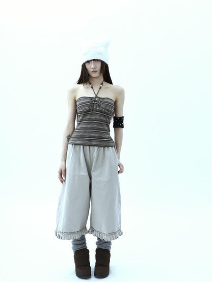 ang project Vintage Pleated Ruffle Hem High Waist Wide Leg Women&