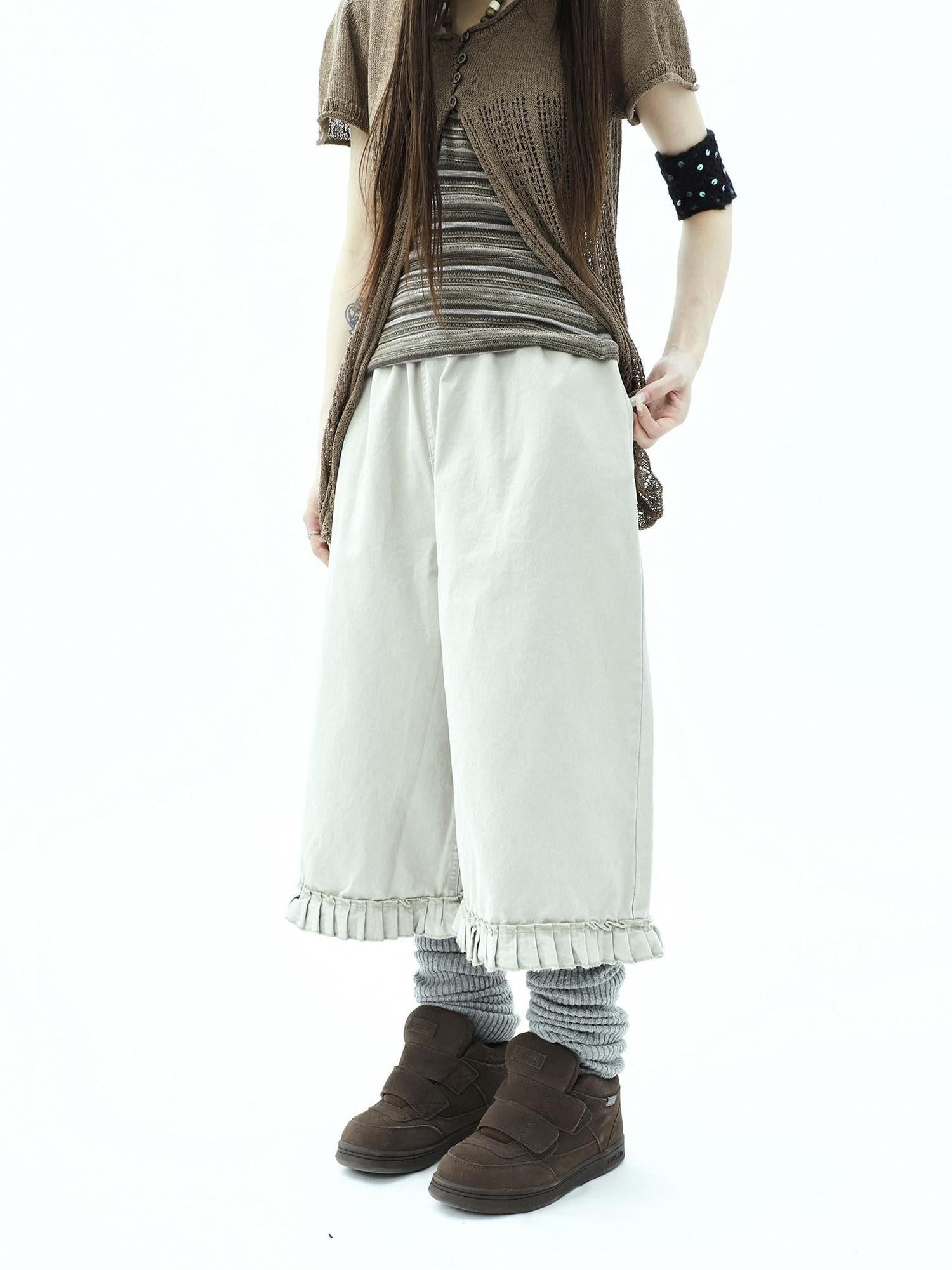 ang project Vintage Pleated Ruffle Hem High Waist Wide Leg Women&