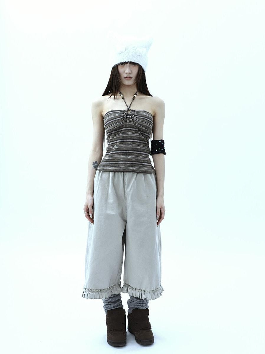 ang project Vintage Pleated Ruffle Hem High Waist Wide Leg Women&