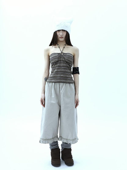 ang project Vintage Pleated Ruffle Hem High Waist Wide Leg Women&