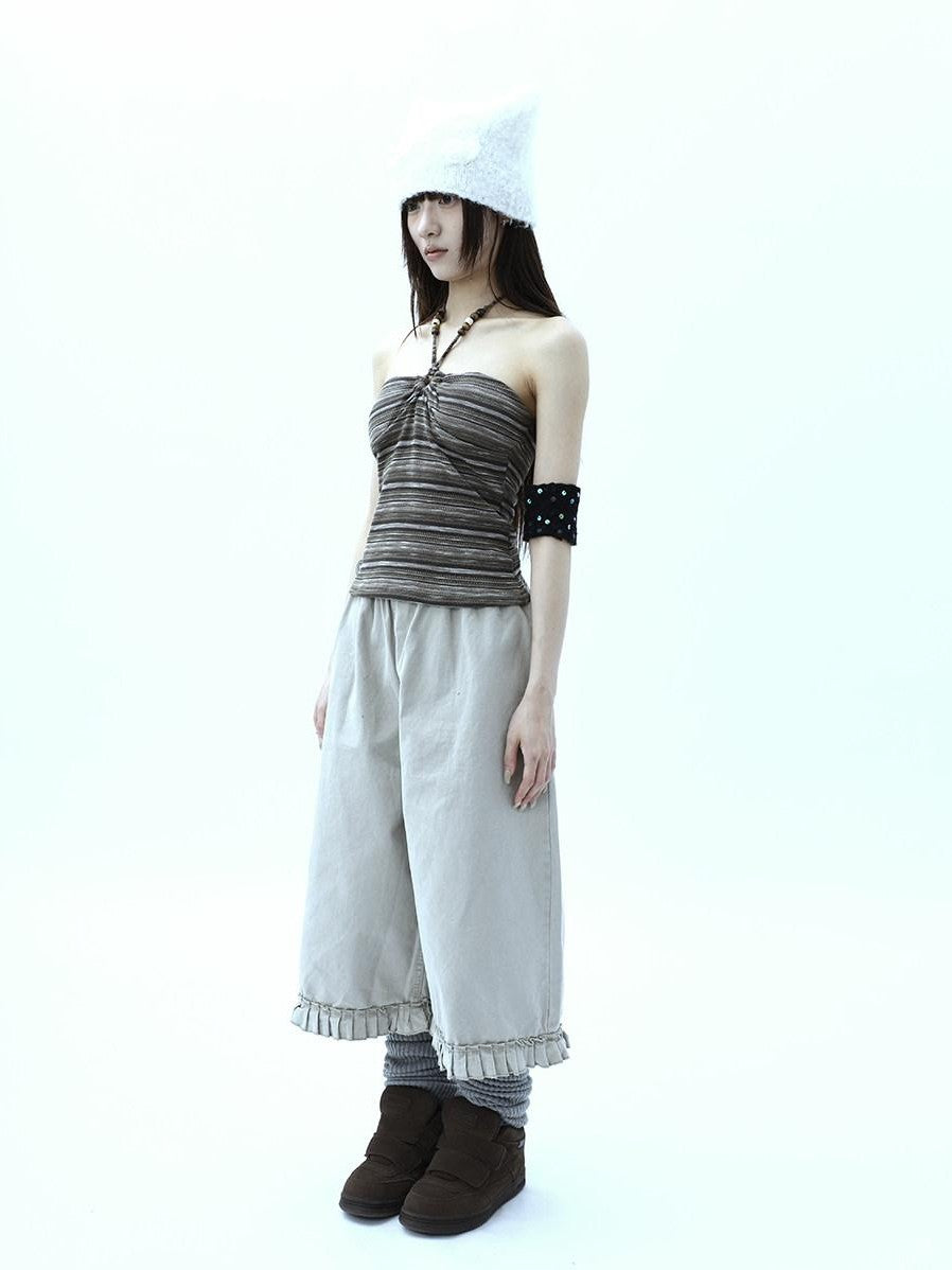 ang project Vintage Pleated Ruffle Hem High Waist Wide Leg Women&