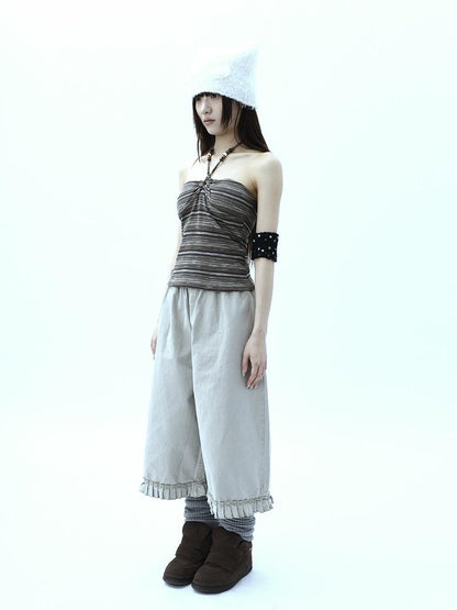 ang project Vintage Pleated Ruffle Hem High Waist Wide Leg Women&
