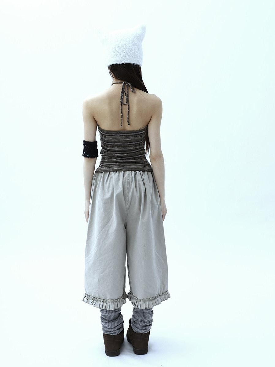 ang project Vintage Pleated Ruffle Hem High Waist Wide Leg Women&