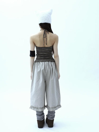 ang project Vintage Pleated Ruffle Hem High Waist Wide Leg Women&