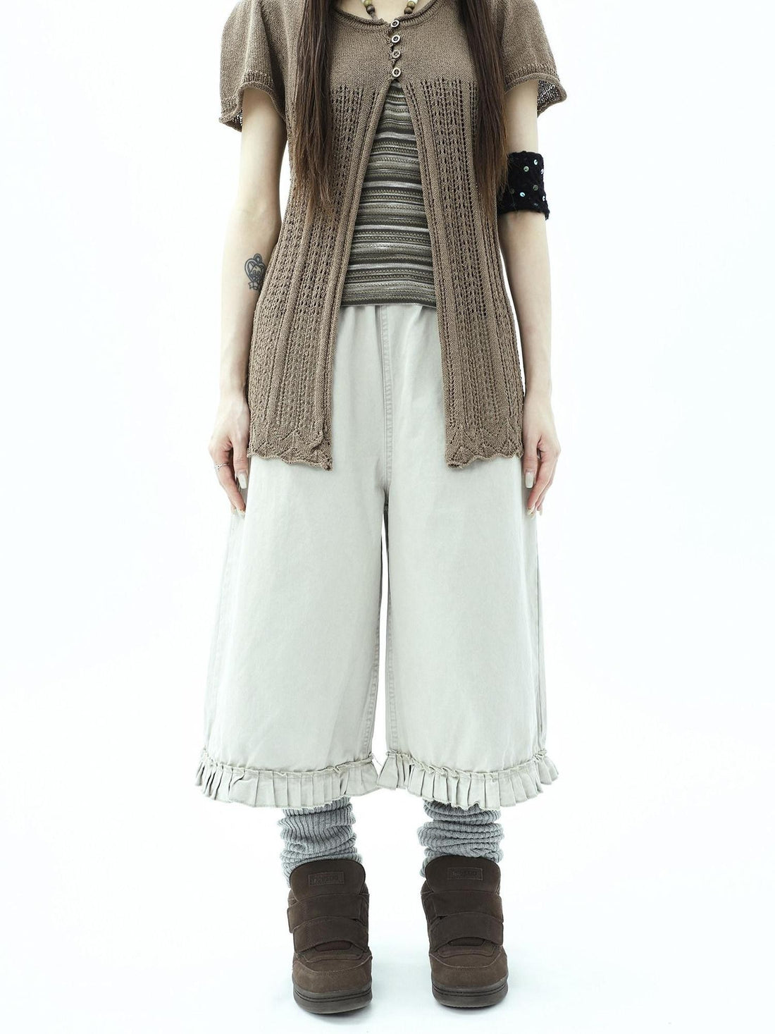 ang project Vintage Pleated Ruffle Hem High Waist Wide Leg Women&
