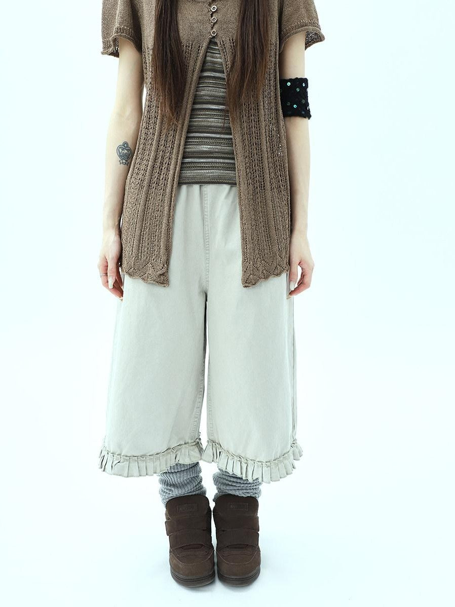 ang project Vintage Pleated Ruffle Hem High Waist Wide Leg Women&