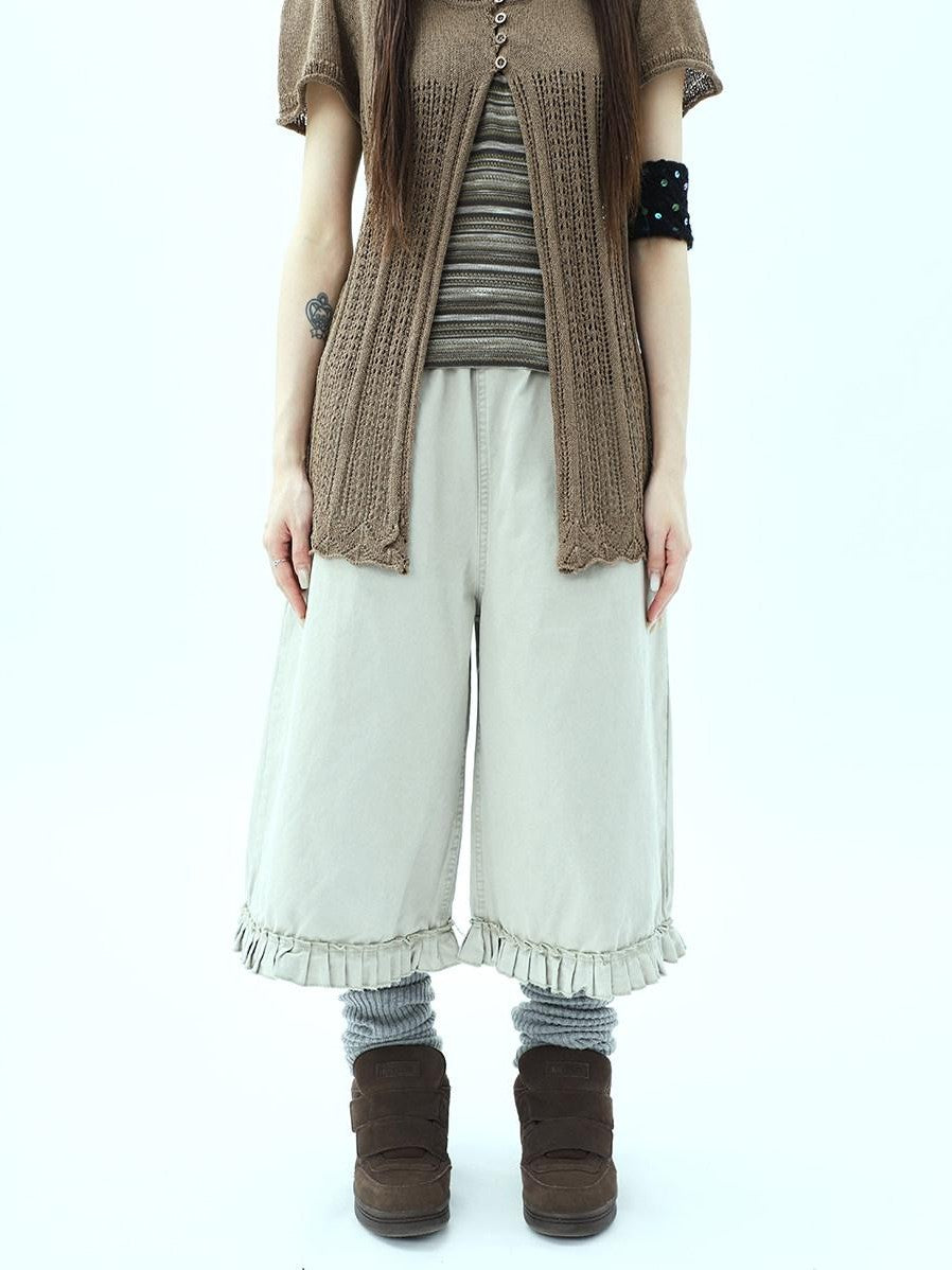 ang project Vintage Pleated Ruffle Hem High Waist Wide Leg Women&