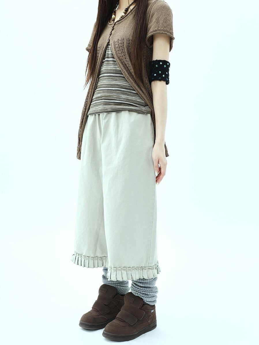 ang project Vintage Pleated Ruffle Hem High Waist Wide Leg Women&
