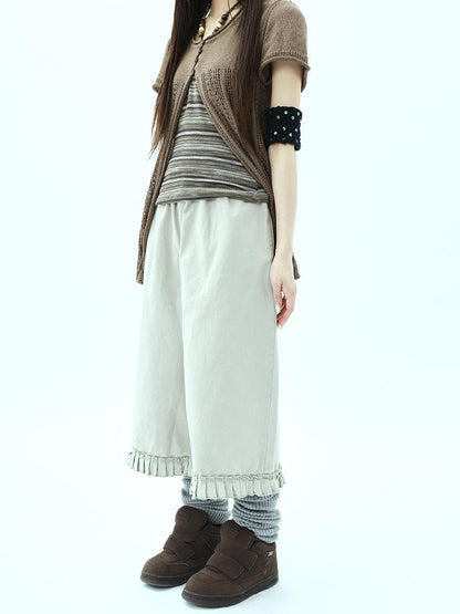 ang project Vintage Pleated Ruffle Hem High Waist Wide Leg Women&