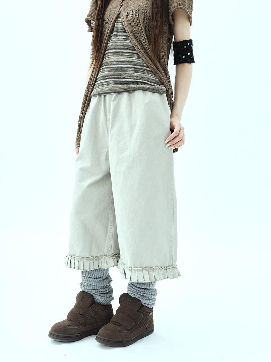 ang project Vintage Pleated Ruffle Hem High Waist Wide Leg Women&