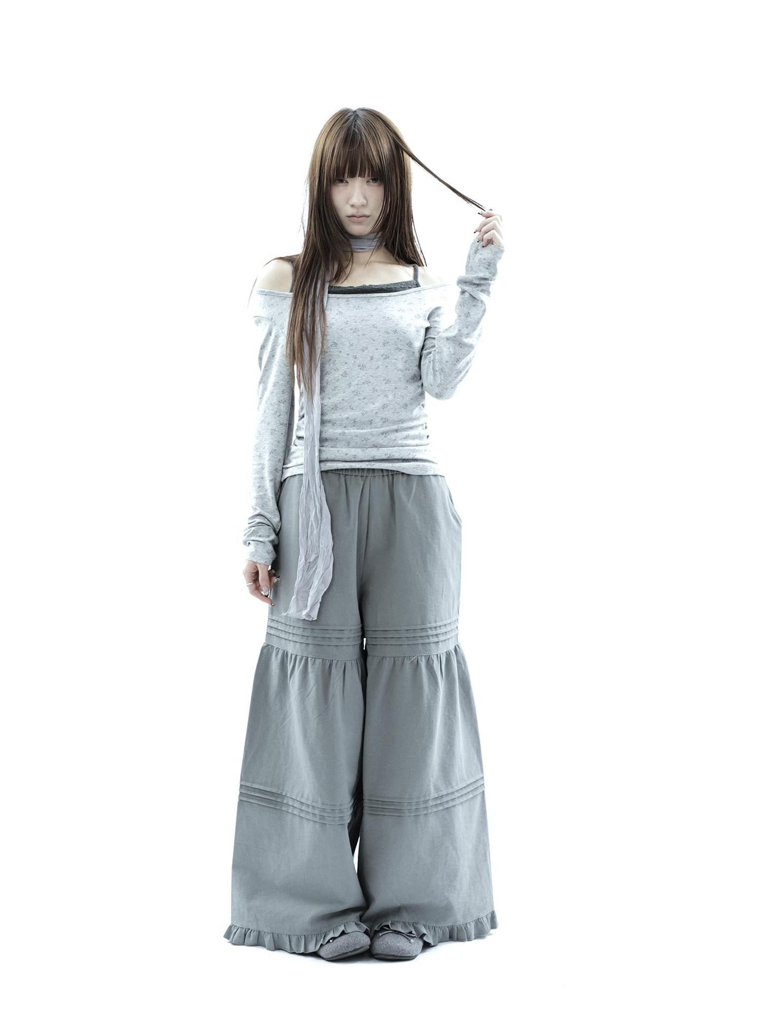 ang project Vintage Pleated Ruffle Lace Elastic Waist Women&
