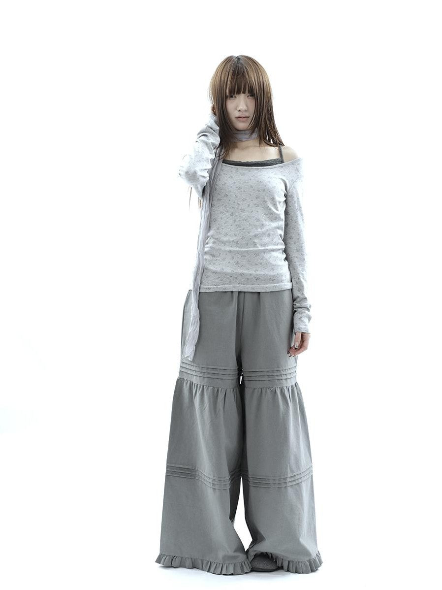 ang project Vintage Pleated Ruffle Lace Elastic Waist Women&