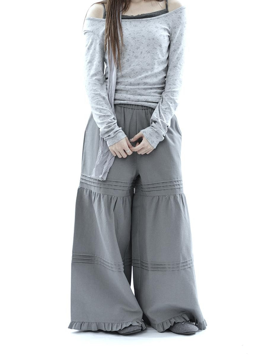 ang project Vintage Pleated Ruffle Lace Elastic Waist Women&