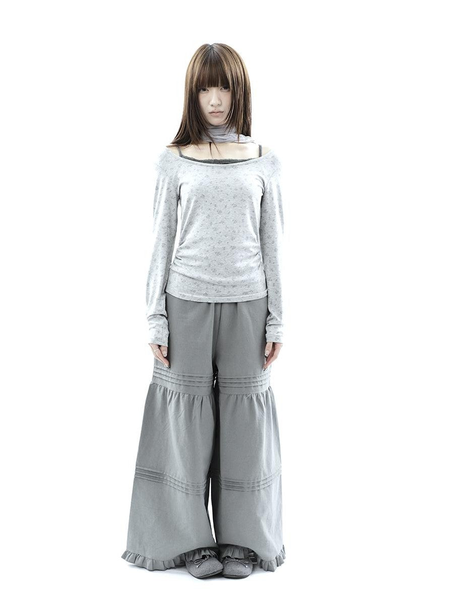 ang project Vintage Pleated Ruffle Lace Elastic Waist Women&
