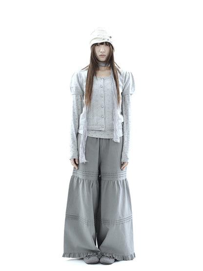ang project Vintage Pleated Ruffle Lace Elastic Waist Women&
