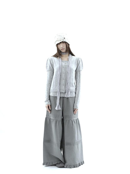 ang project Vintage Pleated Ruffle Lace Elastic Waist Women&