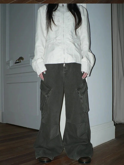 ang project Vintage Pleated Wide Leg Cargo Jeans Pants