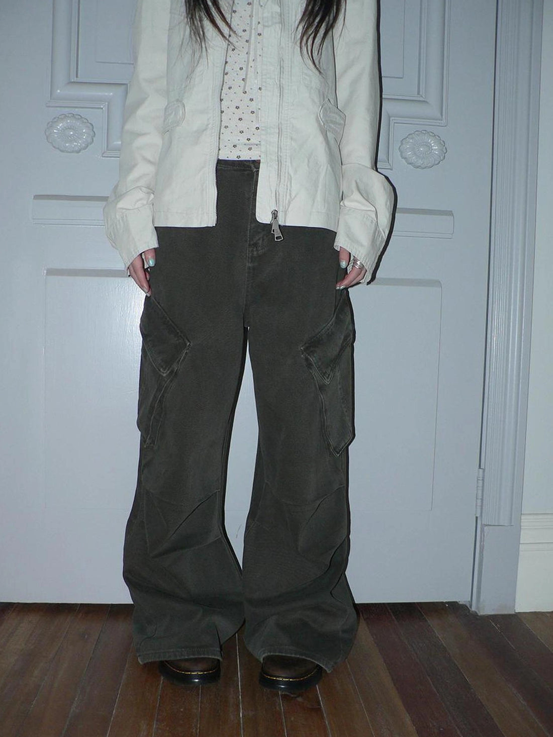 ang project Vintage Pleated Wide Leg Cargo Jeans Pants