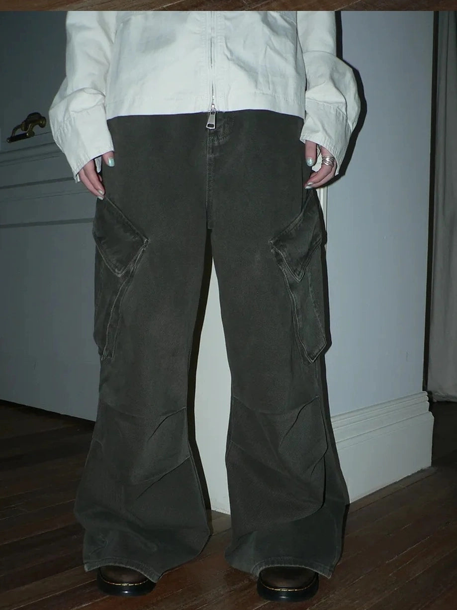 ang project Vintage Pleated Wide Leg Cargo Jeans Pants
