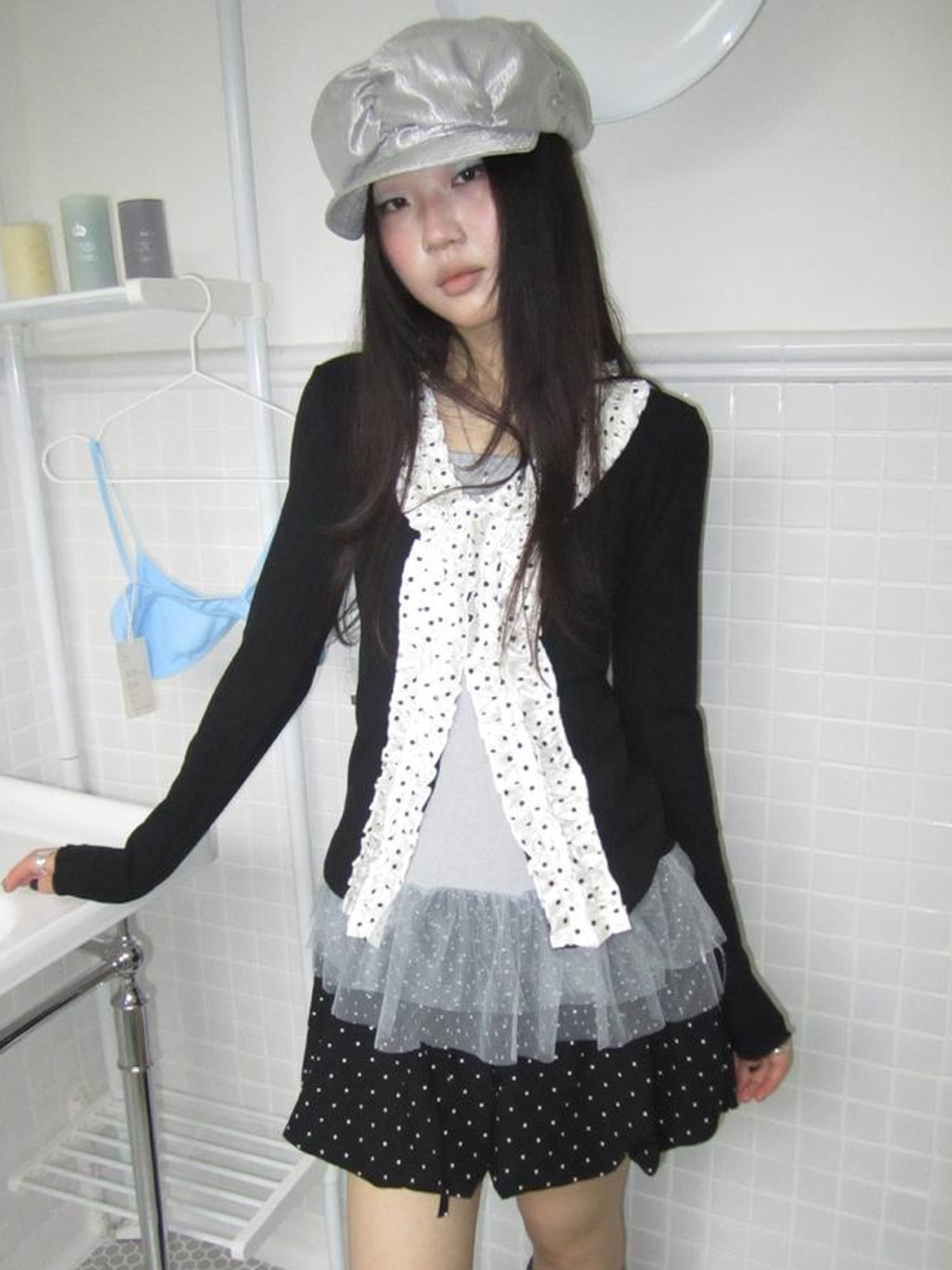 Updateang project Vintage Polka Dot Lace Trim V-Neck Long Sleeve Tee