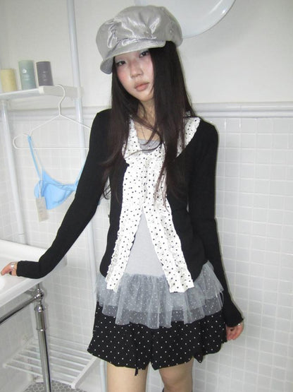 Updateang project Vintage Polka Dot Lace Trim V-Neck Long Sleeve Tee