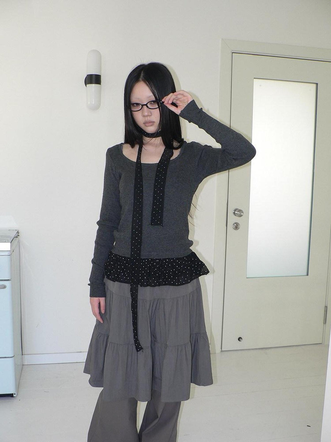 ang project Vintage Polka Dot Printed Faux Layered Long Sleeve U Neck Women Gray T-Shirt