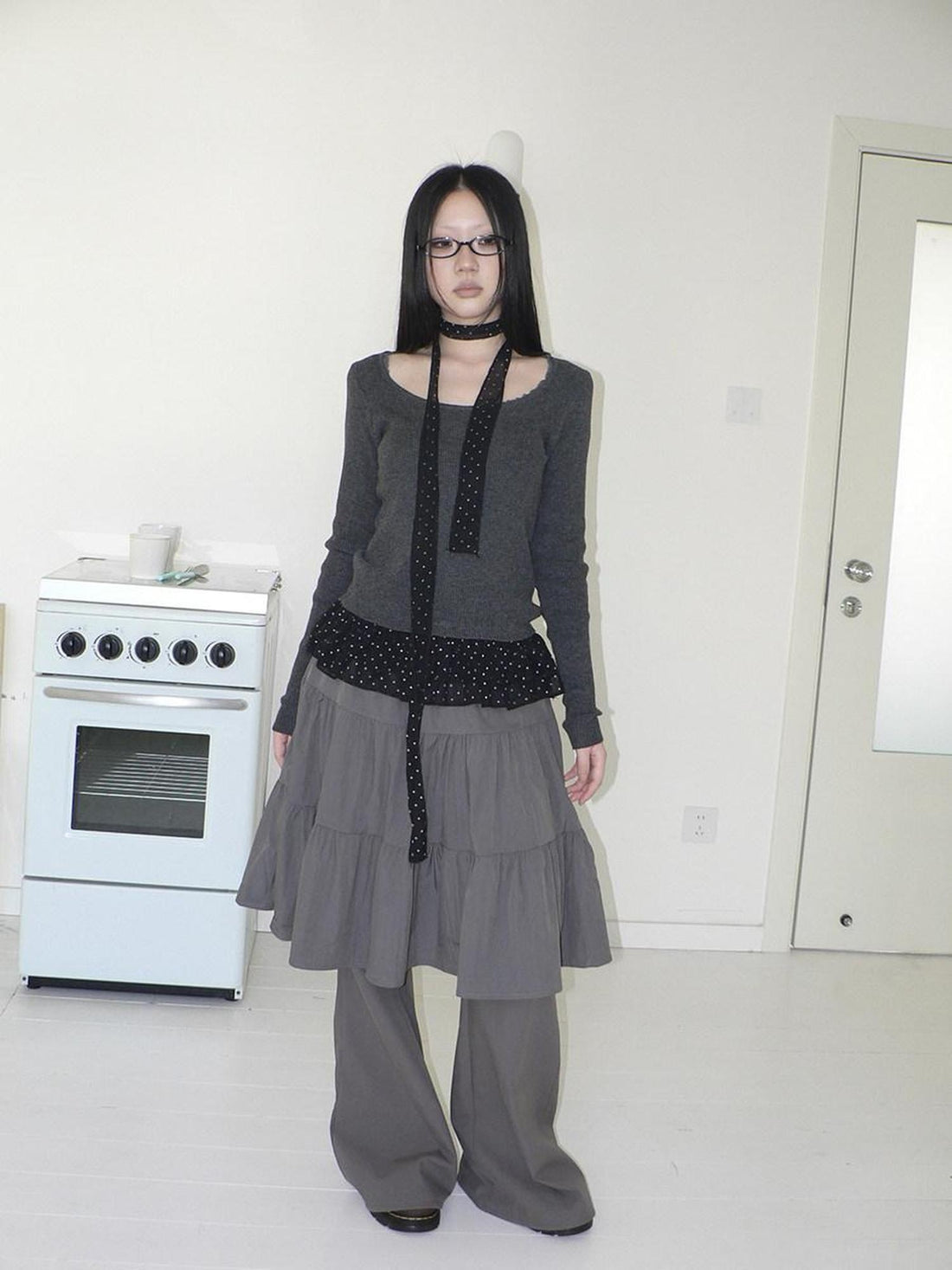 ang project Vintage Polka Dot Printed Faux Layered Long Sleeve U Neck Women Gray T-Shirt