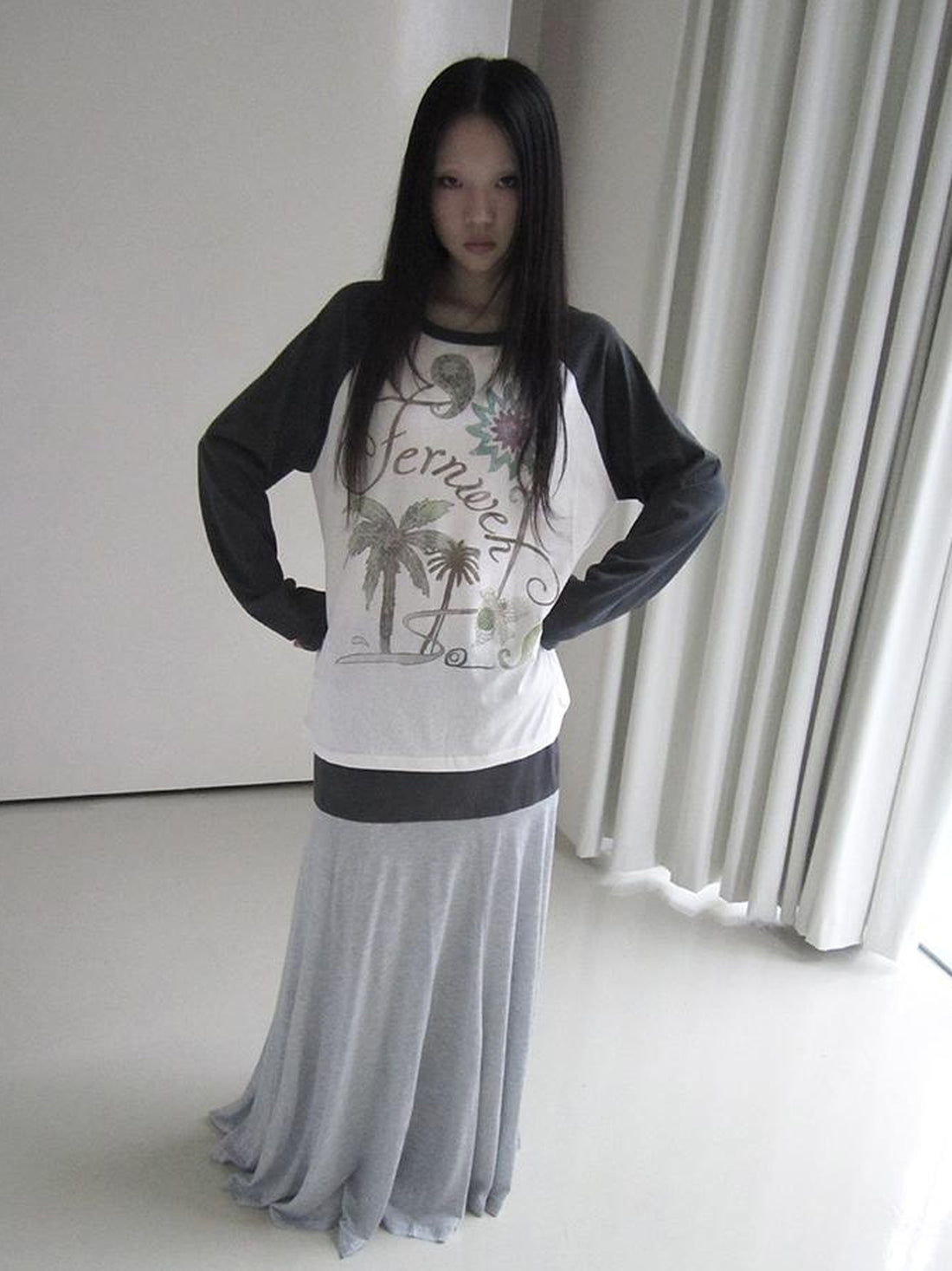 Updateang project Vintage Print Color Block Raglan Sleeve Tee