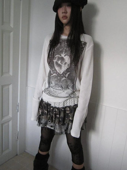Vintage Print Knit Sweater Long Sleeve Autumn Elastic