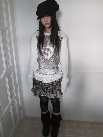 Vintage Print Knit Sweater Long Sleeve Autumn Elastic