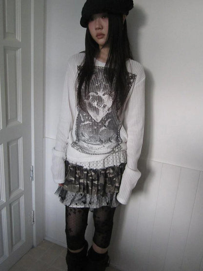 Vintage Print Knit Sweater Long Sleeve Autumn Elastic