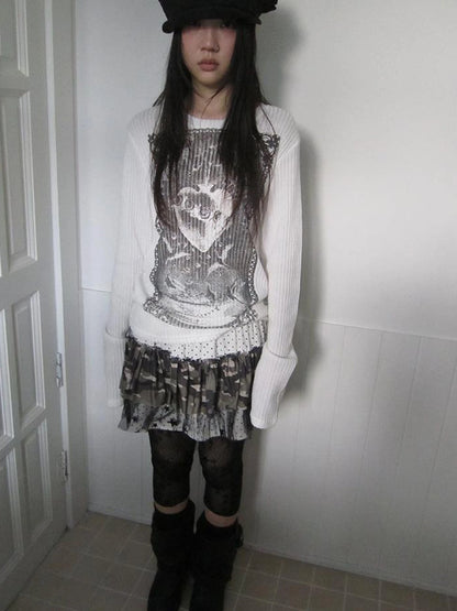 Vintage Print Knit Sweater Long Sleeve Autumn Elastic