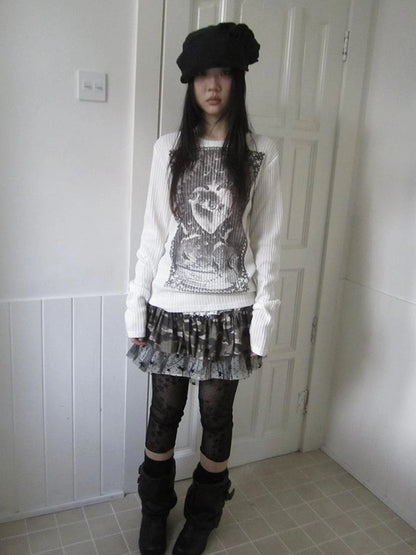 Vintage Print Knit Sweater Long Sleeve Autumn Elastic