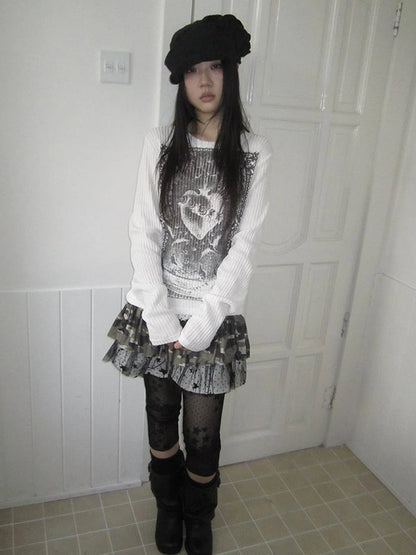 Vintage Print Knit Sweater Long Sleeve Autumn Elastic