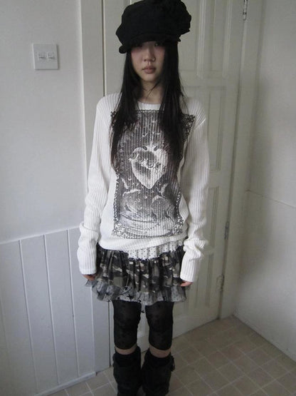 Vintage Print Knit Sweater Long Sleeve Autumn Elastic