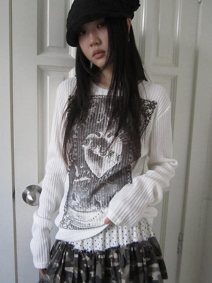 Updateang project Vintage Print Knit Sweater Long Sleeve Autumn Elastic