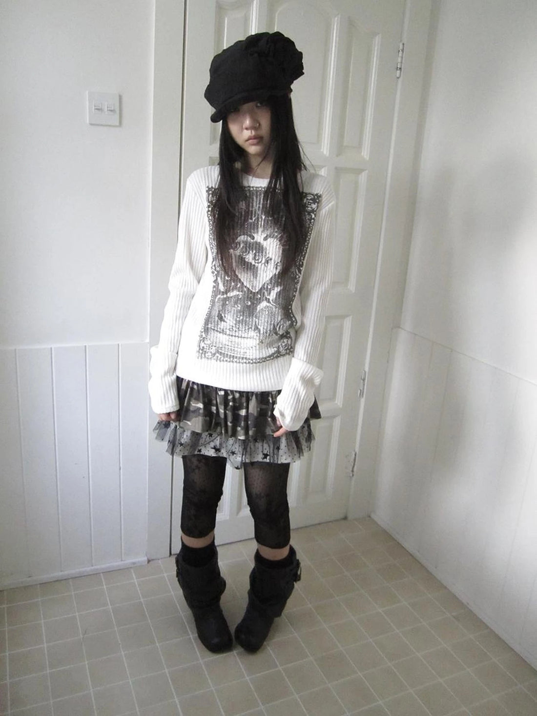 Vintage Print Knit Sweater Long Sleeve Autumn Elastic