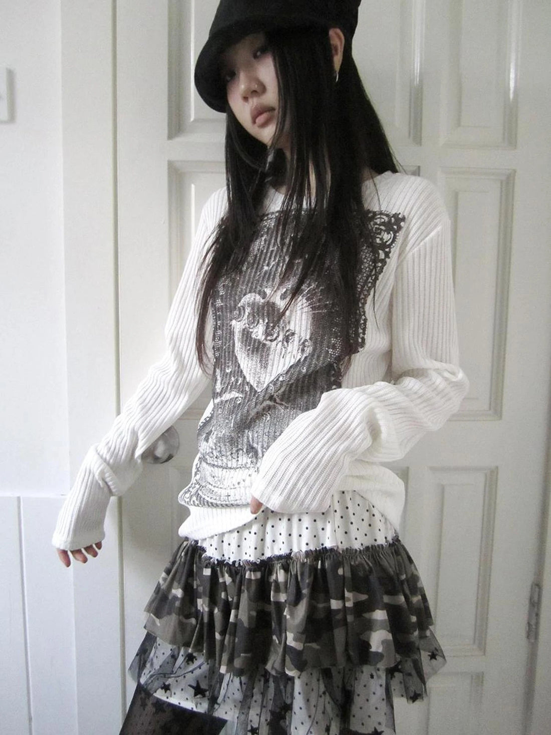 Vintage Print Knit Sweater Long Sleeve Autumn Elastic