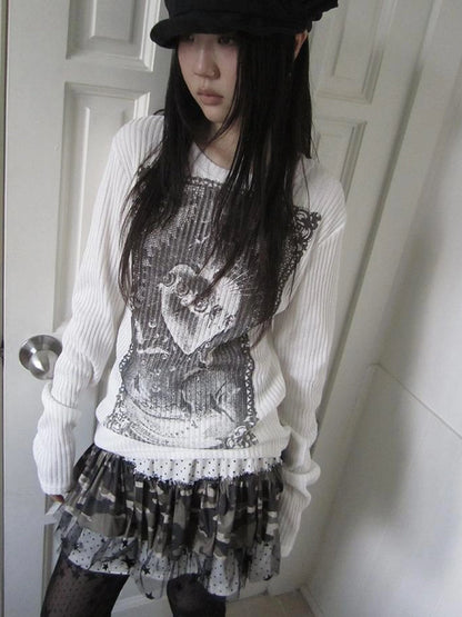 Vintage Print Knit Sweater Long Sleeve Autumn Elastic