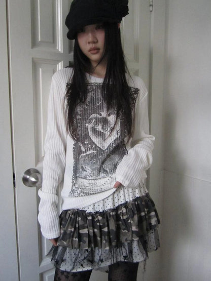 Vintage Print Knit Sweater Long Sleeve Autumn Elastic