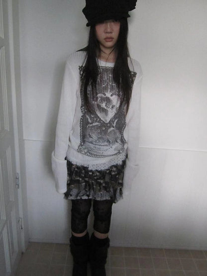 Vintage Print Knit Sweater Long Sleeve Autumn Elastic