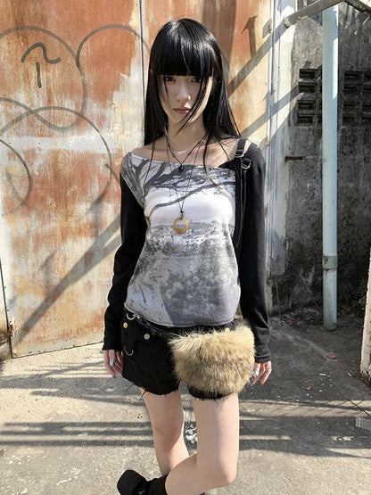 Updateang project Vintage Print Patchwork Sleeve Tee