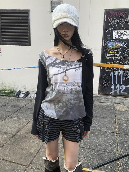 Updateang project Vintage Print Patchwork Sleeve Tee