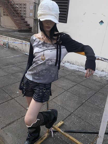 Updateang project Vintage Print Patchwork Sleeve Tee