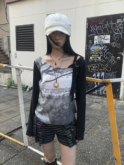 Updateang project Vintage Print Patchwork Sleeve Tee